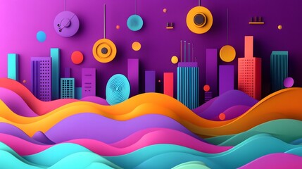 Abstract Colorful Cityscape Over Wavy Hills