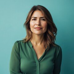 Fototapeta premium Confident woman in green shirt posing against a teal background