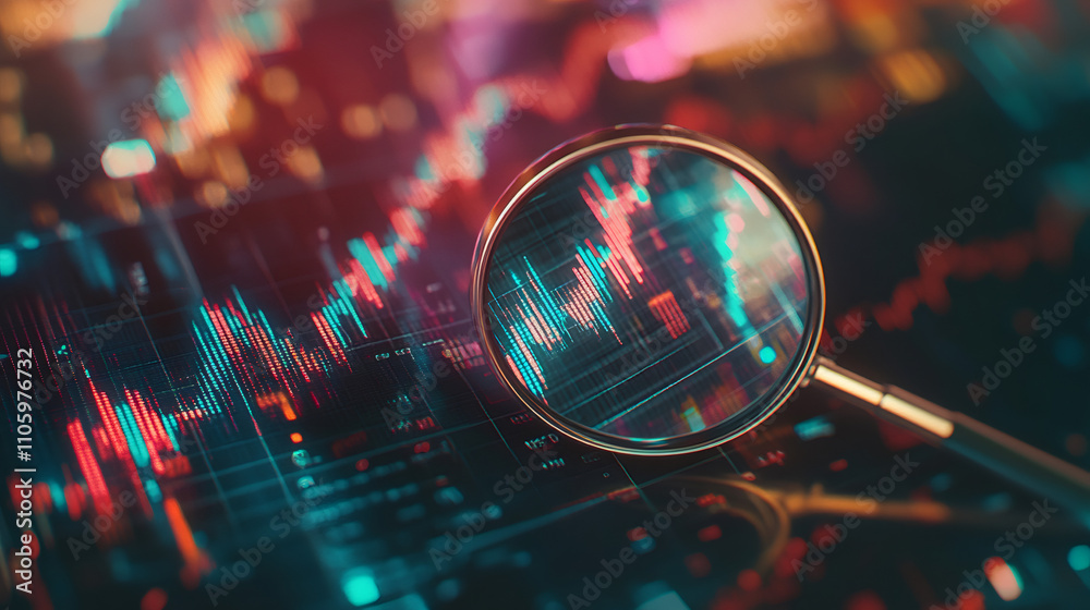 Poster magnifying glass focusing on colorful financial charts displayed on a digital screen, symbolizing ma