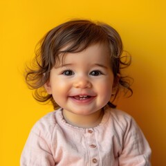 Naklejka premium Adorable Hispanic baby girl with a joyful smile against a yellow background