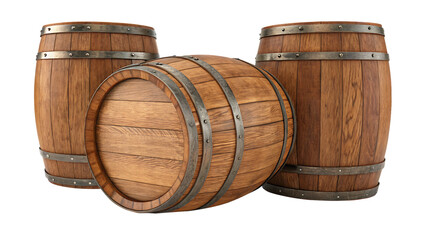 Fototapeta premium Set of wooden oak barrels isolated on white background.AI GENERATED