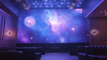 An illuminated space mural with nebulae and distant stars as the backdrop for a New Yeara??s party.