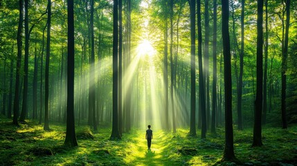 Forest therapy concept, individual walking among tall trees, soft sunlight filtering through leaves, focus on restorative effects of nature on mental health