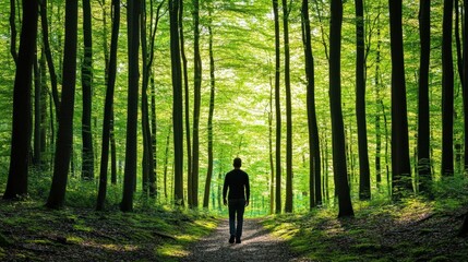 Forest therapy concept, individual walking among tall trees, soft sunlight filtering through leaves, focus on restorative effects of nature on mental health