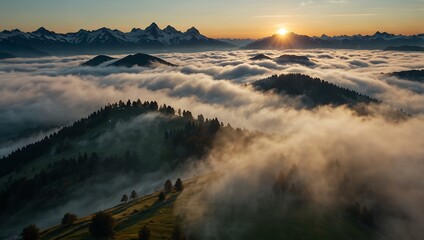Fototapeta premium Drone footage of a Swiss mountain sunrise with fog.
