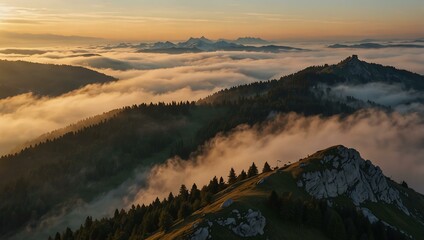 Fototapeta premium Drone footage of a Swiss mountain sunrise with fog.