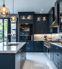 Modern Navy Blue Kitchen with White Countertops, Stainless Steel Appliances, and Large Windows Overlooking a Green Landscape.