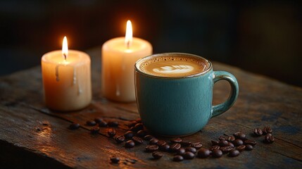 A cozy scene featuring a coffee mug, candles, and coffee beans on a rustic wooden table.