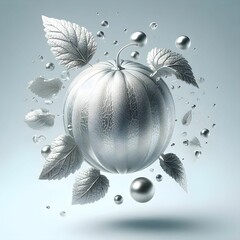 The image features a stunning, surreal 3D rendering of a spherical object resembling a pumpkin, but rendered in a metallic silver finish. The pumpkin displays subtle grooves and textures, reflecting l