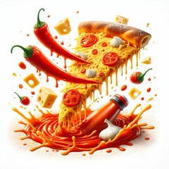 The image features a wildly imaginative and vibrant depiction of a slice of pizza, overflowing with toppings and drizzled in sauce. The pizza slice is topped with melted cheese, pepperoni, and fresh t