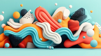 Abstract composition of colorful 3D shapes with fluid forms and textured surfaces on a light blue background.