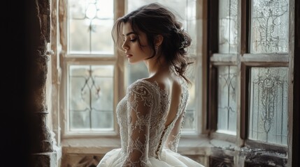 Fototapeta premium Elegant Bride Poses by Window in Antique Lace Wedding Gown