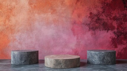 A minimalist scene featuring three circular platforms against a colorful textured wall.
