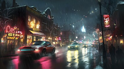 Fototapeta premium Rainy Night Drive Through Neon Streets