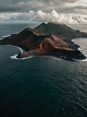 Drone view of a volcanic island on a cloudy morning.