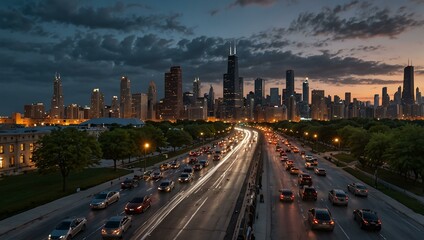 Obraz premium Drone view of Chicago skyline with busy traffic.