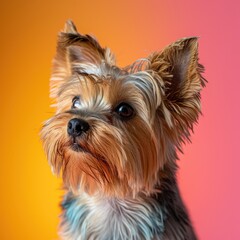 Studio portrait of a Yorkshire Terrier with vibrant background, capturing the dog's expressive and alert nature in medium format photography.