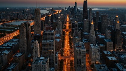 Fototapeta premium Drone view of Chicago skyline with busy traffic.
