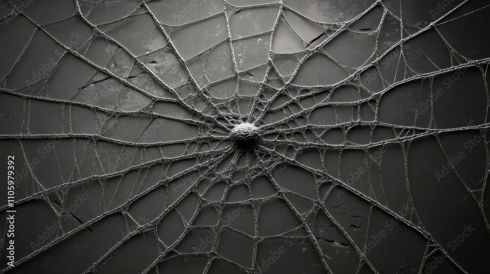 Poster Spider web intricately spans across a dark grey surface with cracks, forming a mesmerizing texture