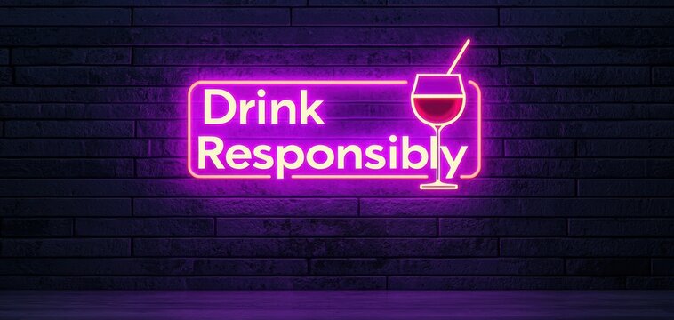 Alcohol Consumption Warnings concept. A neon sign reads "Drink Responsibly," promoting responsible alcohol consumption against a dark background.