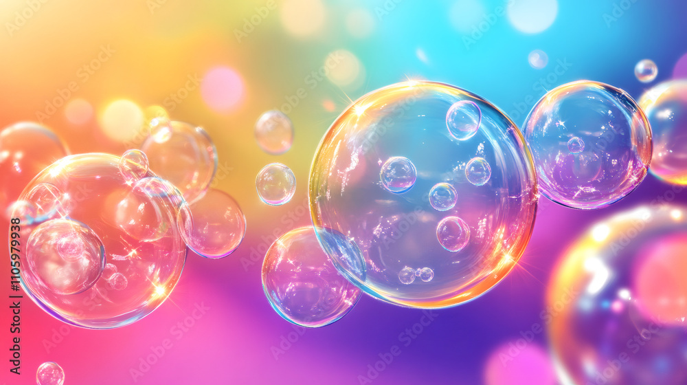 Poster dreamy and magical atmosphere created by soap bubbles floating and sparkling on a vibrant rainbow gr