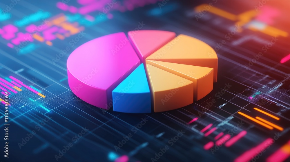 Poster a 3d pie chart floating in a digital space with each segment vividly colored and detached, symbolizi