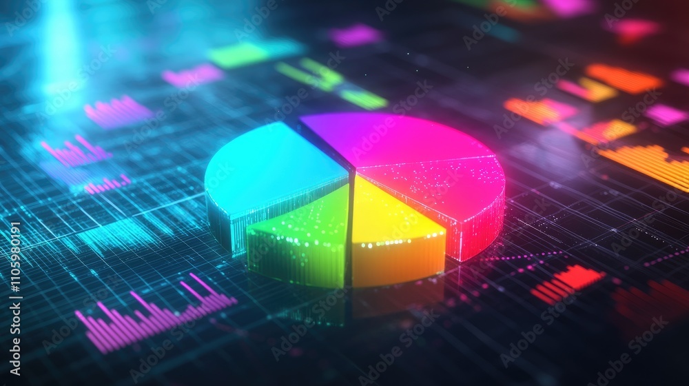Poster a 3d pie chart floating in a digital space with each segment vividly colored and detached, symbolizi