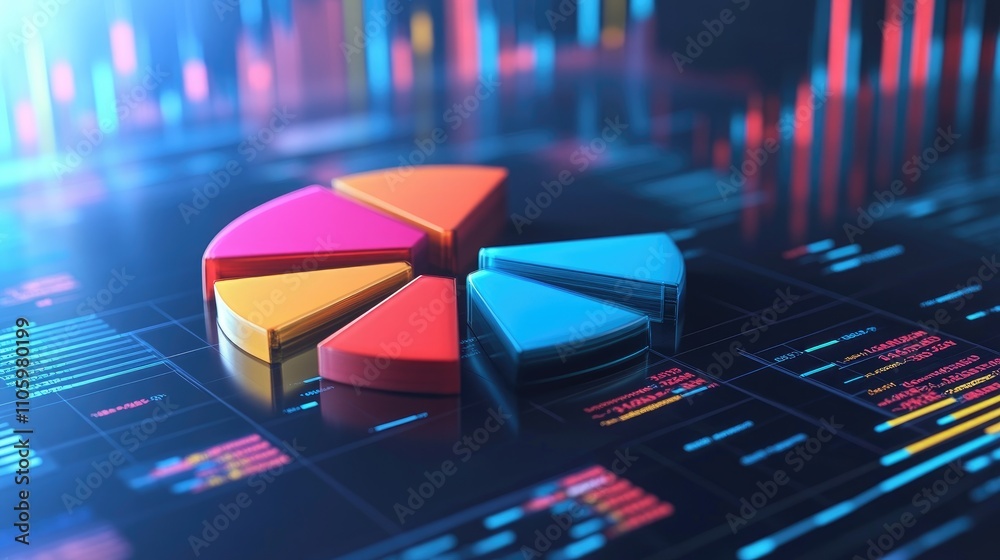 Poster a 3d pie chart floating in a digital space with each segment vividly colored and detached, symbolizi