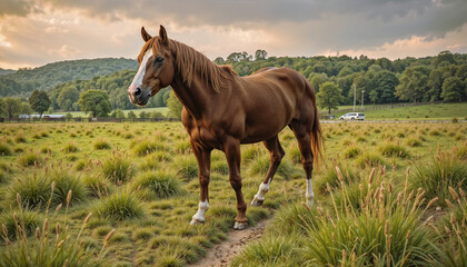Obraz premium Elegant chestnut horse standing in golden field during sunset with lush green background