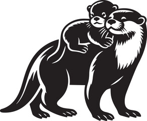 Fototapeta premium Mother otter carrying a baby on her back black silhouette vector