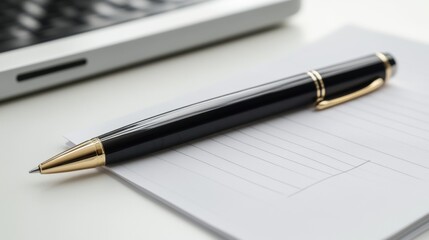 Naklejka premium Elegant Black Pen on Lined Notepad near Laptop