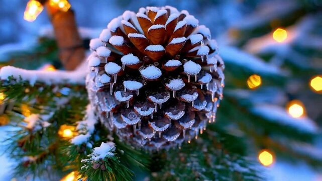 Close-up of a pinecone adorned with frost, surrounded by snowy greenery and glowing holiday lights, perfect for capturing the peaceful beauty of winter. Video made using Generative AI