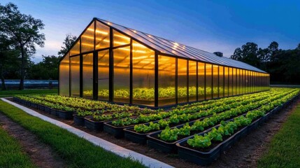 Illuminated Greenhouse at Dusk with Rows of Vibrant Vegetables in Modern Sustainable Farming