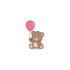 Cute teddy bear holding balloon cartoon, vector illustration