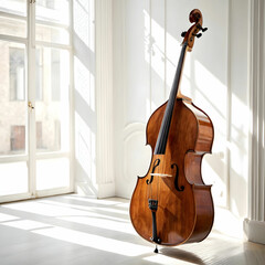A double bass with warm wood tones, standing tall, producing deep,