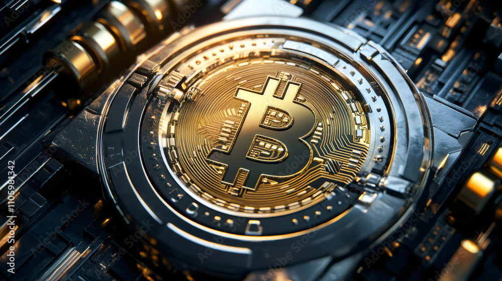 Leinwandbilder Bitcoin emerging from a futuristic circuit board, showcasing the integration of cryptocurrency with advanced technology