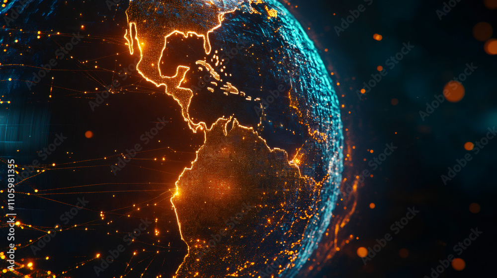 Poster futuristic rotating planet earth with network connections and highlighted continents of south americ