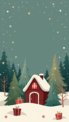 Naklejka premium Warm Christmas card featuring a cozy cabin nestled in a snowy landscape adorned with festive decorations and gifts.