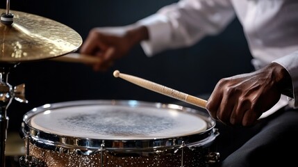 Obraz premium A close-up captures the hands of a drummer skillfully striking the drum illustrating the intensity and passion of live musical expression