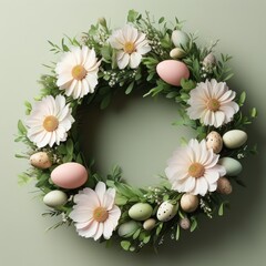 Easter Holiday Wreath with Paper Daisies and Pastel Eggs on Sage Background