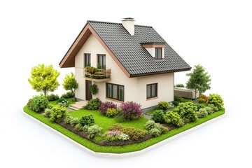 Isolated model of cozy, green-roofed family home with garden