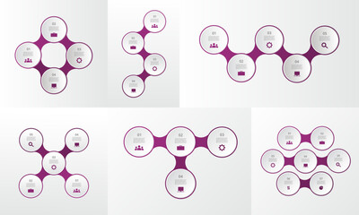 Set of creative violet infographic templates with 4, 5 and 7 options, parts, steps or processes.
