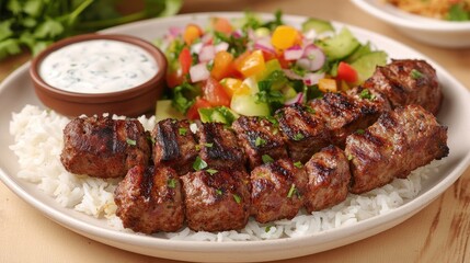 A beautifully arranged plate of kebabs with a side of rice, fresh salad, and tangy yogurt sauce, highlighting the colorful ingredients and the art of presentation in a cozy restaurant setting.