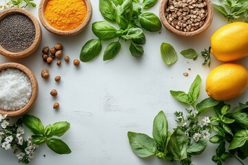 Mindful cooking techniques promoting mental health, presented in a simple, clean environment