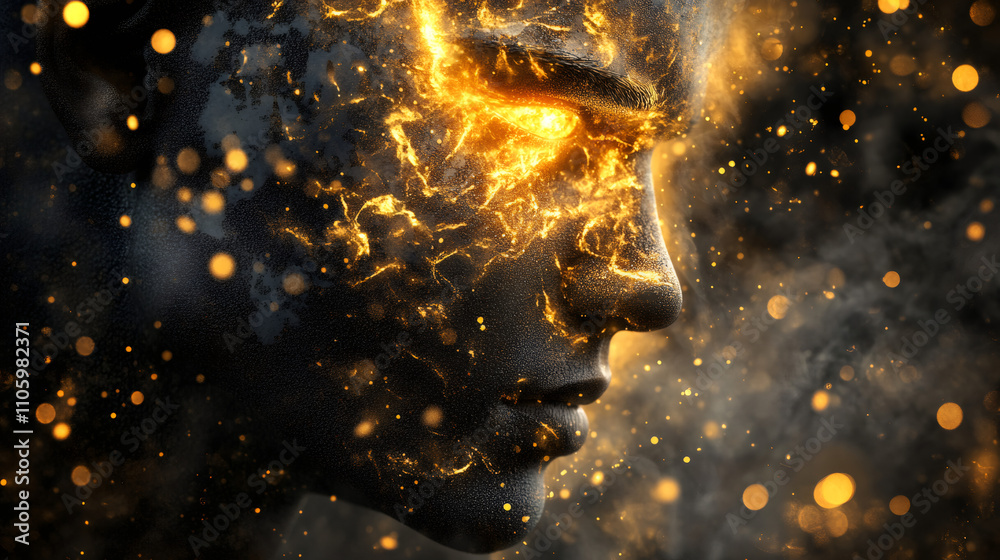 Poster profile of a mysterious and powerful burning man face emerging from golden dust and smoke, creating 