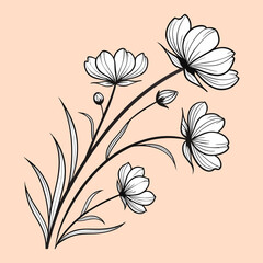 Floral illustration with simple, elegant and black outlines on soft peach background