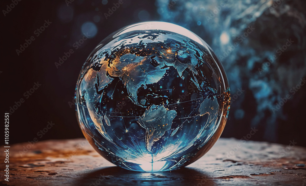 Aufkleber Globe is sitting on a table. The globe is clear and has a blue tint. The globe is the size of a basketball