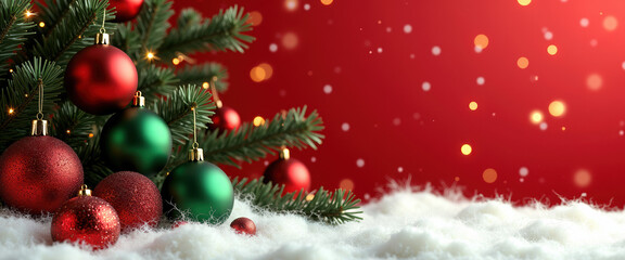 A vibrant red backdrop adorned with festive decorations, radiating holiday cheer and inviting warmth.