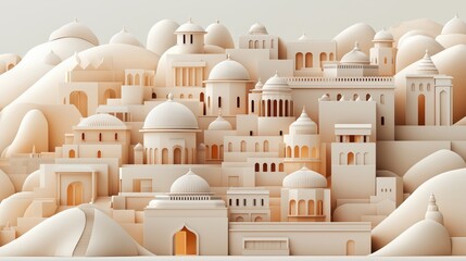 Stylized architectural illustration with domes and arches inspired by traditional Middle Eastern and Indian architecture elements on a hilly landscape