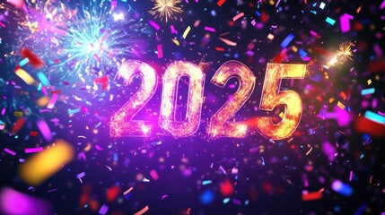 Animated "2025" text with colorful fireworks and shining confetti, creating a vibrant New Yeara??s atmosphere